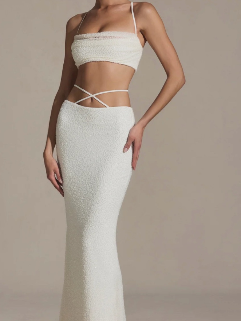 OH POLLY EMBELLISHED STRAPPY MAXI SKIRT IN WHITE & EMBELLISHED UNDERWIRED STRAPP